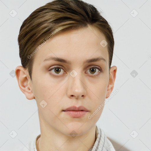 Neutral white young-adult female with short  brown hair and brown eyes