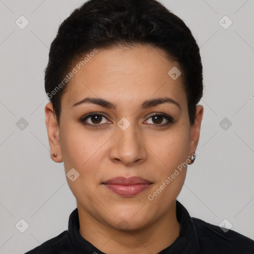 Joyful latino young-adult female with short  black hair and brown eyes