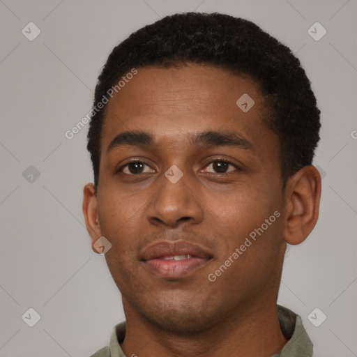 Neutral black young-adult male with short  brown hair and brown eyes