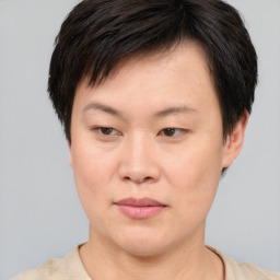 Joyful asian young-adult female with short  brown hair and brown eyes