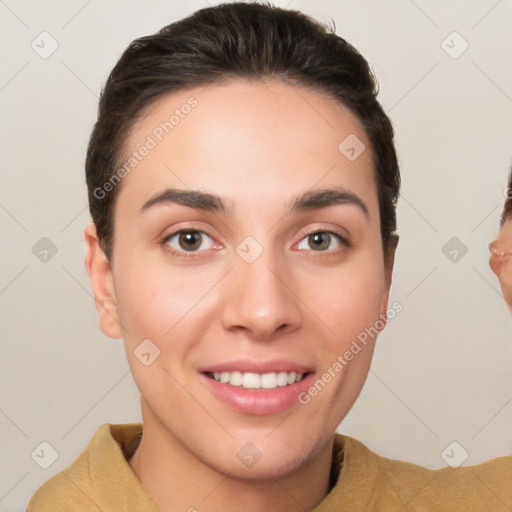 Joyful white young-adult female with short  brown hair and brown eyes