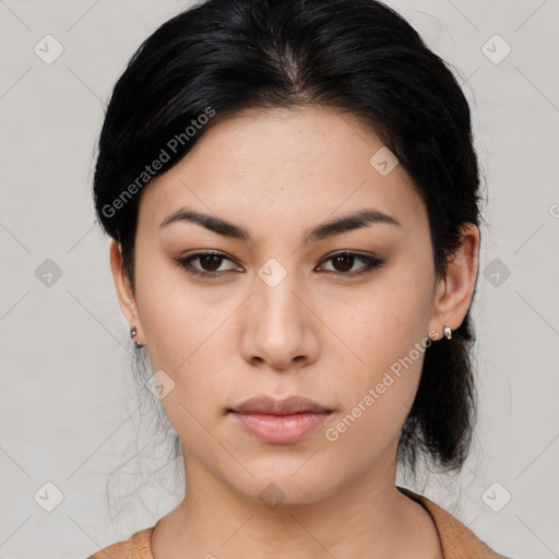 Neutral asian young-adult female with medium  black hair and brown eyes