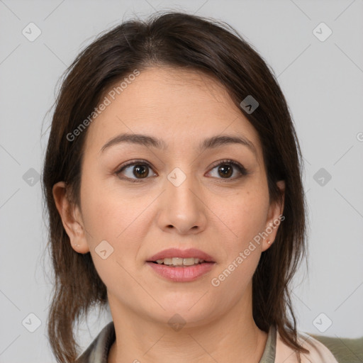 Joyful white young-adult female with medium  brown hair and brown eyes