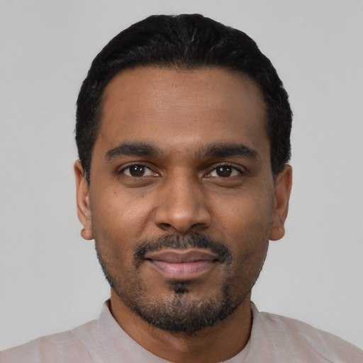 Neutral black young-adult male with short  black hair and brown eyes