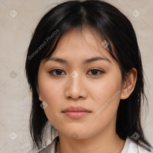 Neutral asian young-adult female with medium  black hair and brown eyes