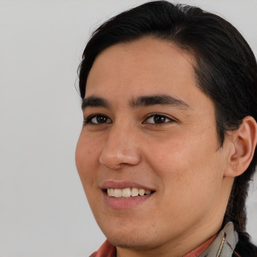 Joyful asian young-adult male with medium  brown hair and brown eyes