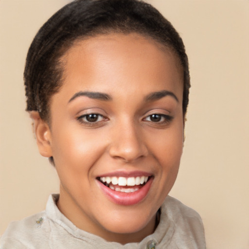 Joyful latino young-adult female with short  brown hair and brown eyes