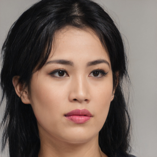 Neutral asian young-adult female with medium  black hair and brown eyes