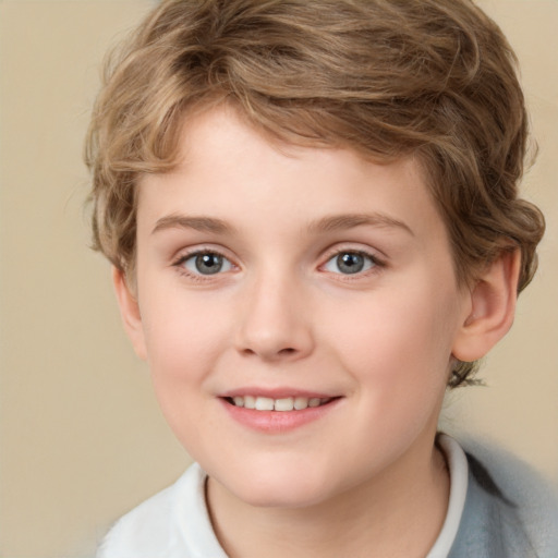 Joyful white child female with short  brown hair and brown eyes