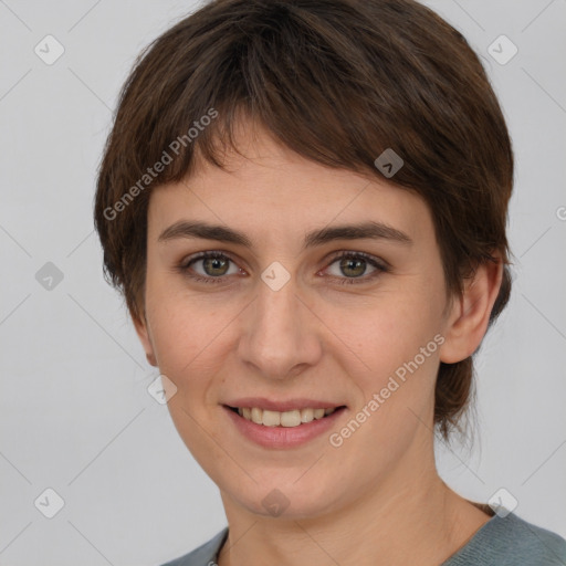 Joyful white young-adult female with medium  brown hair and brown eyes