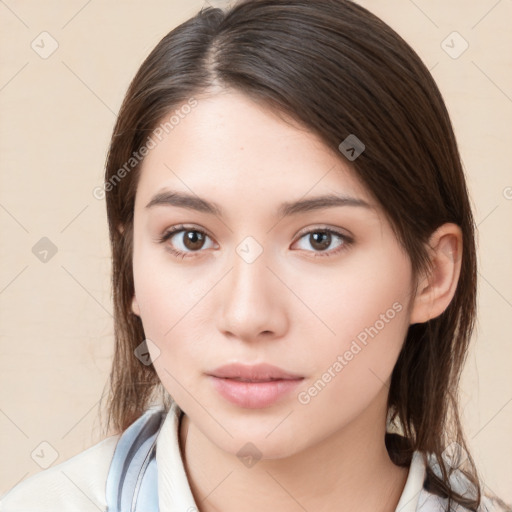 Neutral white young-adult female with medium  brown hair and brown eyes