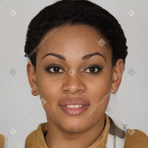 Joyful latino young-adult female with short  brown hair and brown eyes