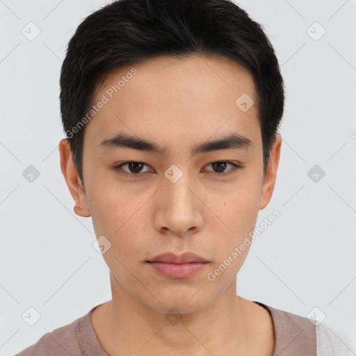 Neutral asian young-adult male with short  black hair and brown eyes