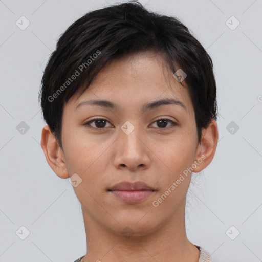 Neutral asian young-adult female with short  brown hair and brown eyes