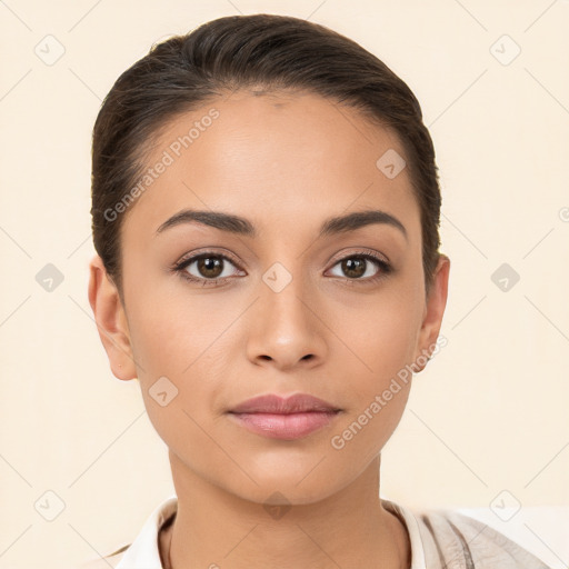 Neutral white young-adult female with short  brown hair and brown eyes