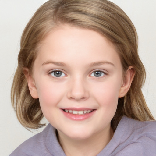 Joyful white child female with medium  brown hair and blue eyes