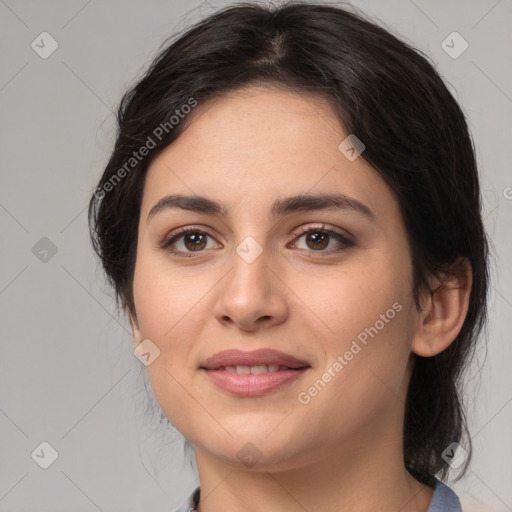 Joyful white young-adult female with medium  brown hair and brown eyes