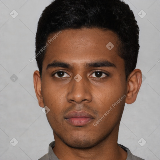 Neutral latino young-adult male with short  black hair and brown eyes