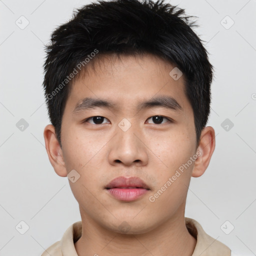 Neutral asian young-adult male with short  brown hair and brown eyes