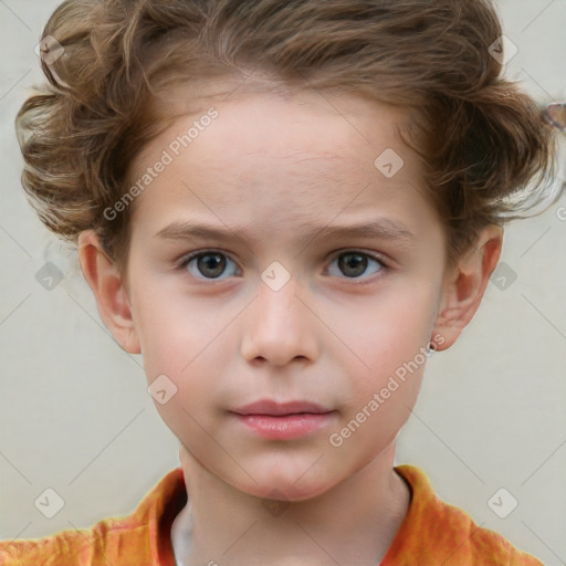 Neutral white child female with short  brown hair and grey eyes