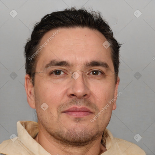 Neutral white adult male with short  brown hair and brown eyes