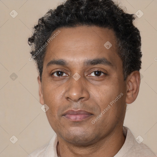 Neutral black adult male with short  black hair and brown eyes