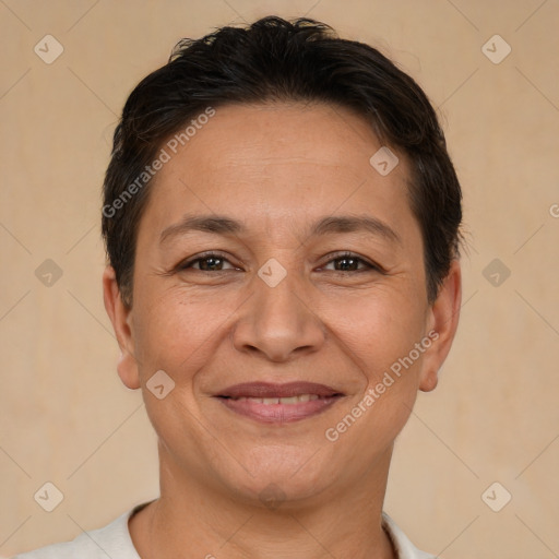 Joyful white adult female with short  brown hair and brown eyes