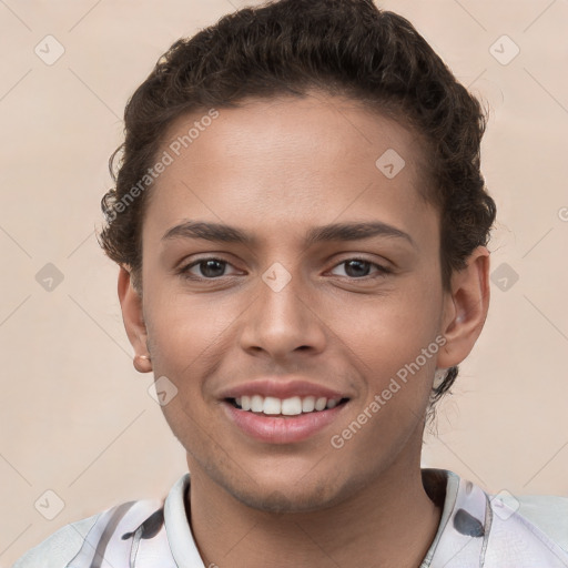 Joyful white young-adult female with short  brown hair and brown eyes