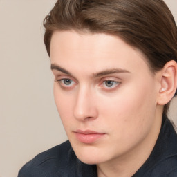 Neutral white young-adult male with short  brown hair and grey eyes