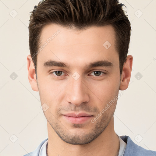 Neutral white young-adult male with short  brown hair and brown eyes