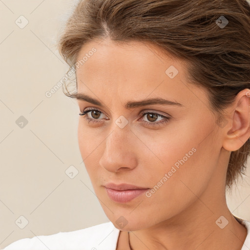 Neutral white young-adult female with medium  brown hair and brown eyes