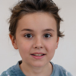 Joyful white child female with short  brown hair and brown eyes