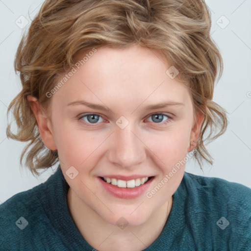 Joyful white young-adult female with medium  brown hair and blue eyes