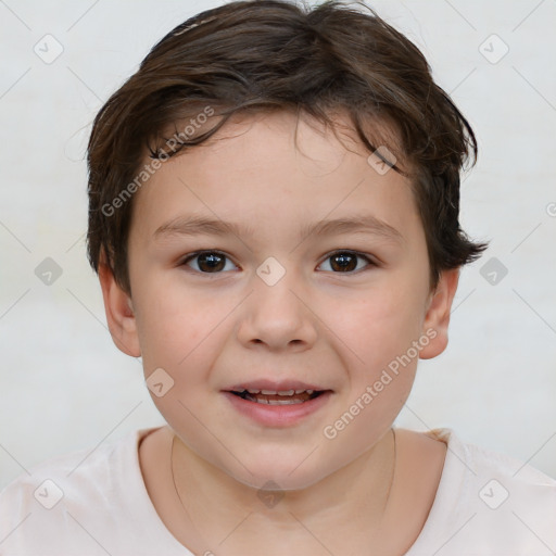 Joyful white child female with short  brown hair and brown eyes