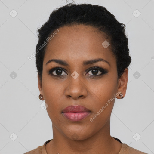 Neutral black young-adult female with short  black hair and brown eyes