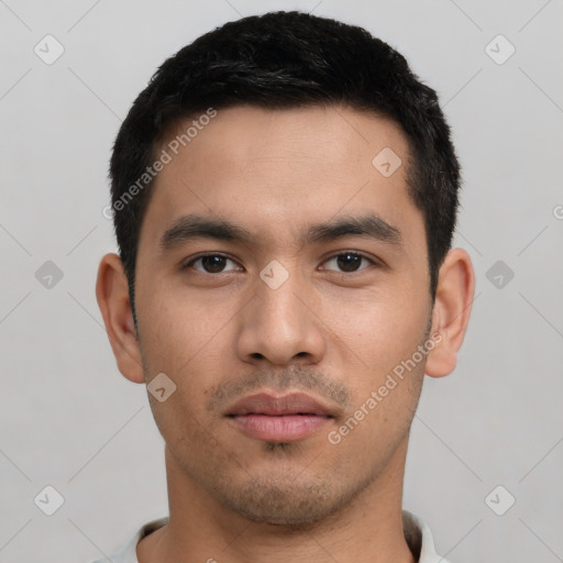 Neutral asian young-adult male with short  black hair and brown eyes