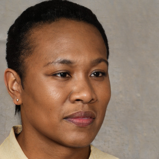 Joyful black young-adult female with short  brown hair and brown eyes