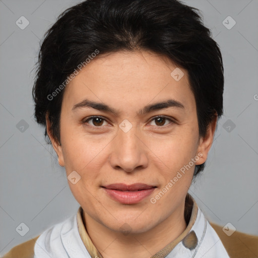 Joyful white adult female with medium  brown hair and brown eyes