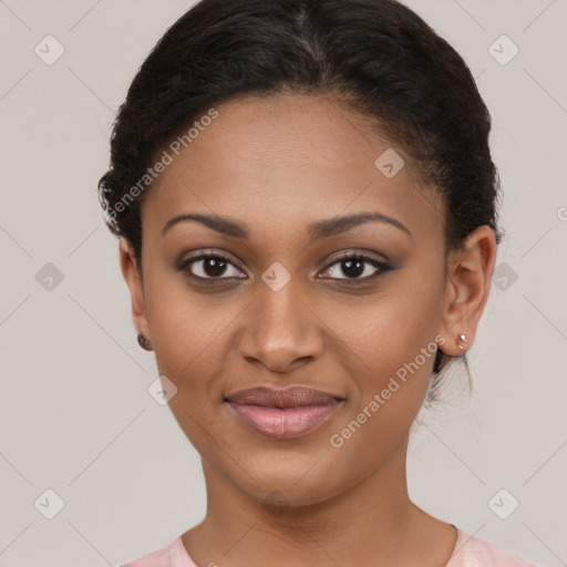 Joyful latino young-adult female with short  brown hair and brown eyes