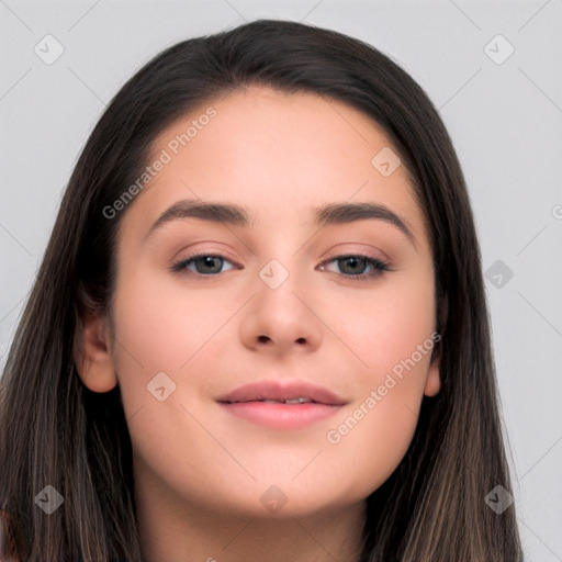 Neutral white young-adult female with long  brown hair and brown eyes