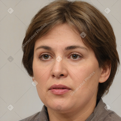 Neutral white adult female with medium  brown hair and brown eyes