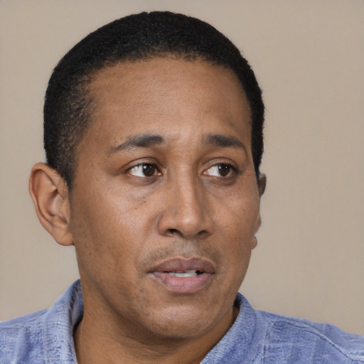 Neutral black adult male with short  brown hair and brown eyes
