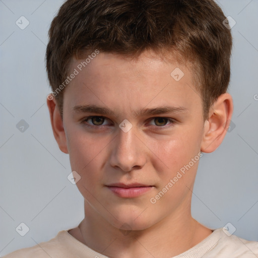 Joyful white child male with short  brown hair and brown eyes