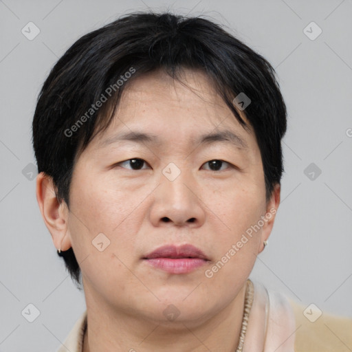 Neutral asian adult male with short  brown hair and brown eyes