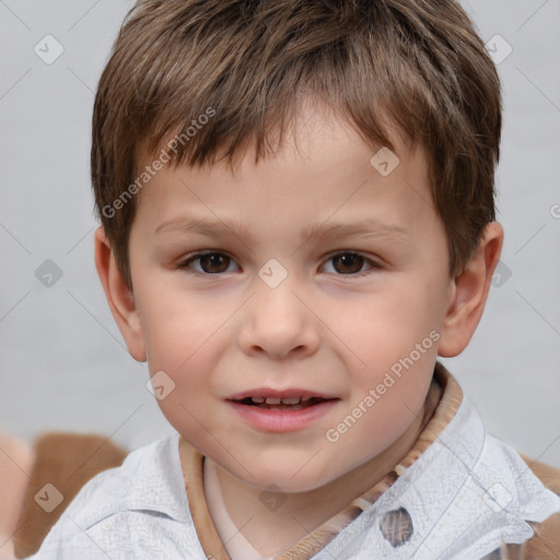 Joyful white child male with short  brown hair and brown eyes