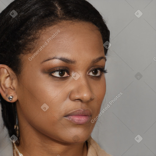 Neutral black young-adult female with medium  brown hair and brown eyes