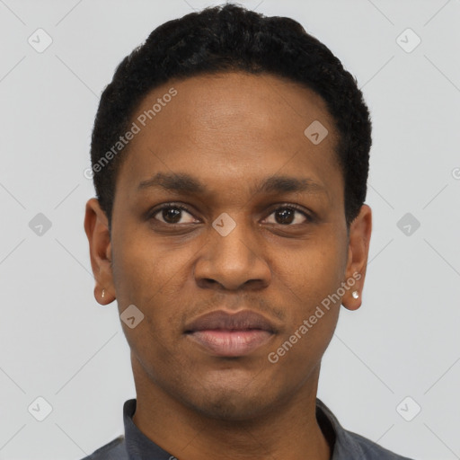 Neutral black young-adult male with short  black hair and brown eyes