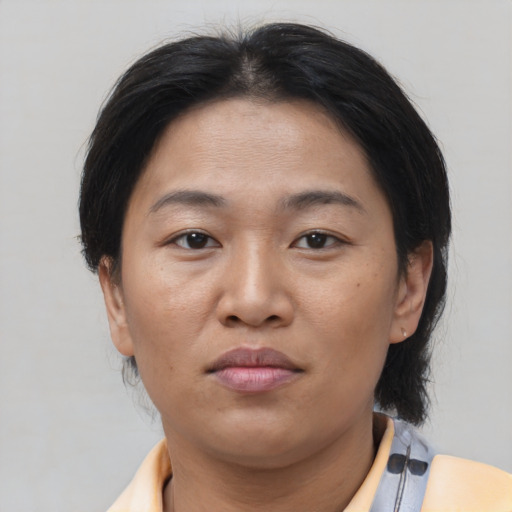 Neutral asian young-adult female with short  brown hair and brown eyes