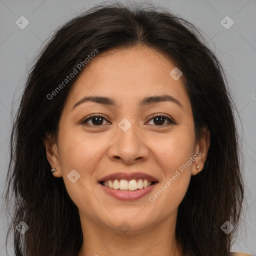 Joyful asian young-adult female with long  brown hair and brown eyes