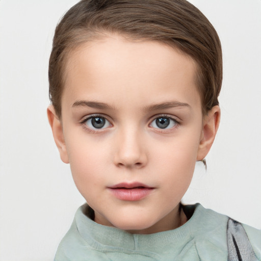 Neutral white child female with short  brown hair and grey eyes